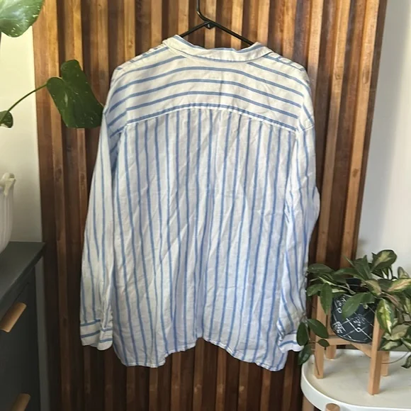 J Jill Love Linen Shirt Top Blue White Long Sleeve Striped. Size XL - Picture 3 of 12